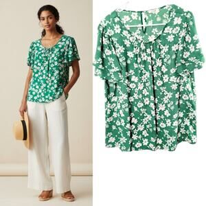 Pleione Floral Blouse Women's Size XL Green Layered Short Sleeve Casual Chic Top